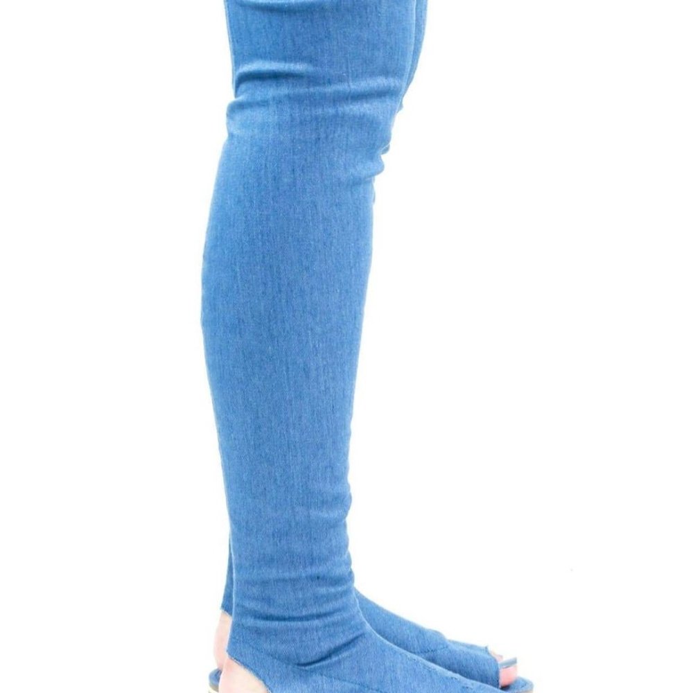 Women’s Bamboo Open Knee Flat Boots w/ Metal Stripe-Blue - Picture 2 of 2